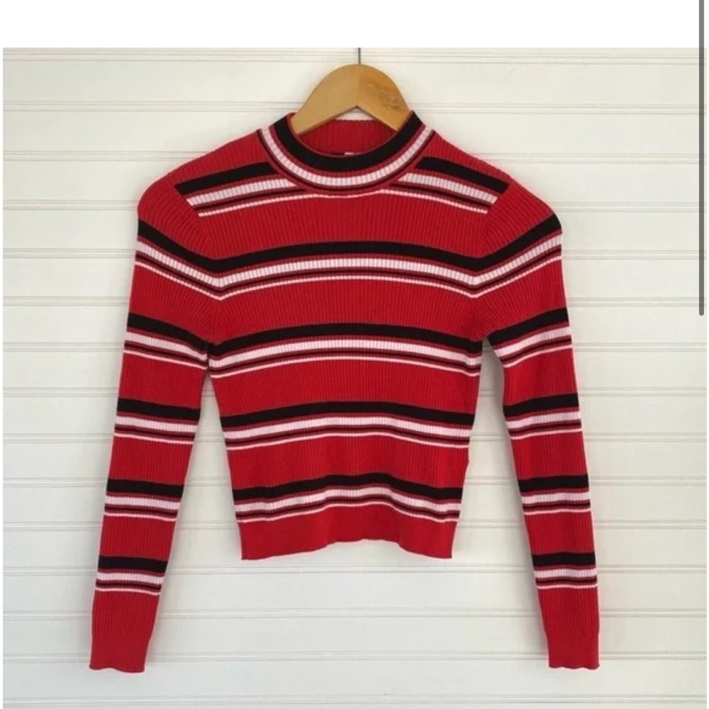 H&M Divided Sweater Size S Red Black White Striped Ribbed Mock Neck Long Sleeve